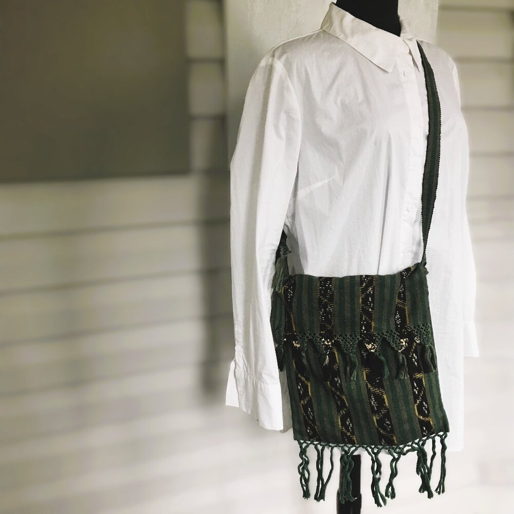 Guatemalan Green Black Yellow Striped Ikat Jaspe Small Tasseled Crossbody Bag
